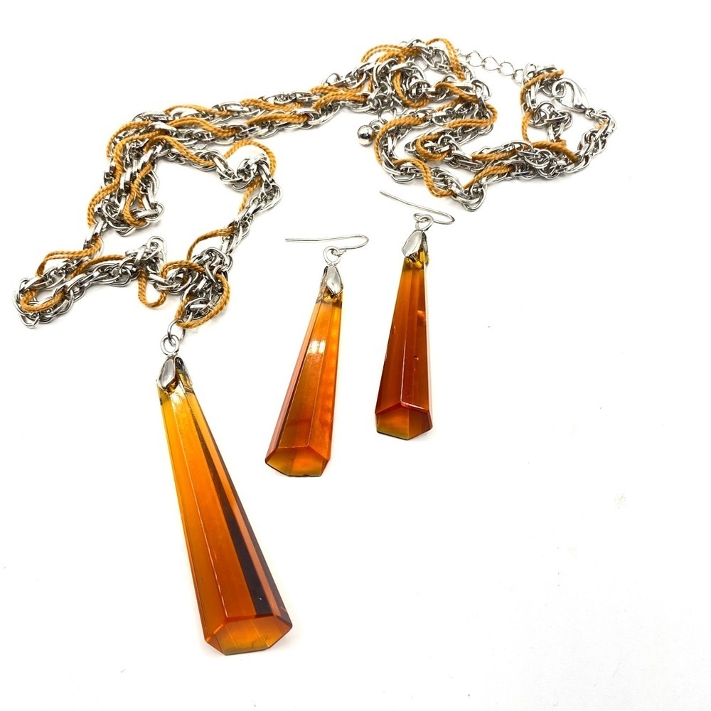 Necklace & Earrings Set Glass Faceted Pendulum Long Pendant